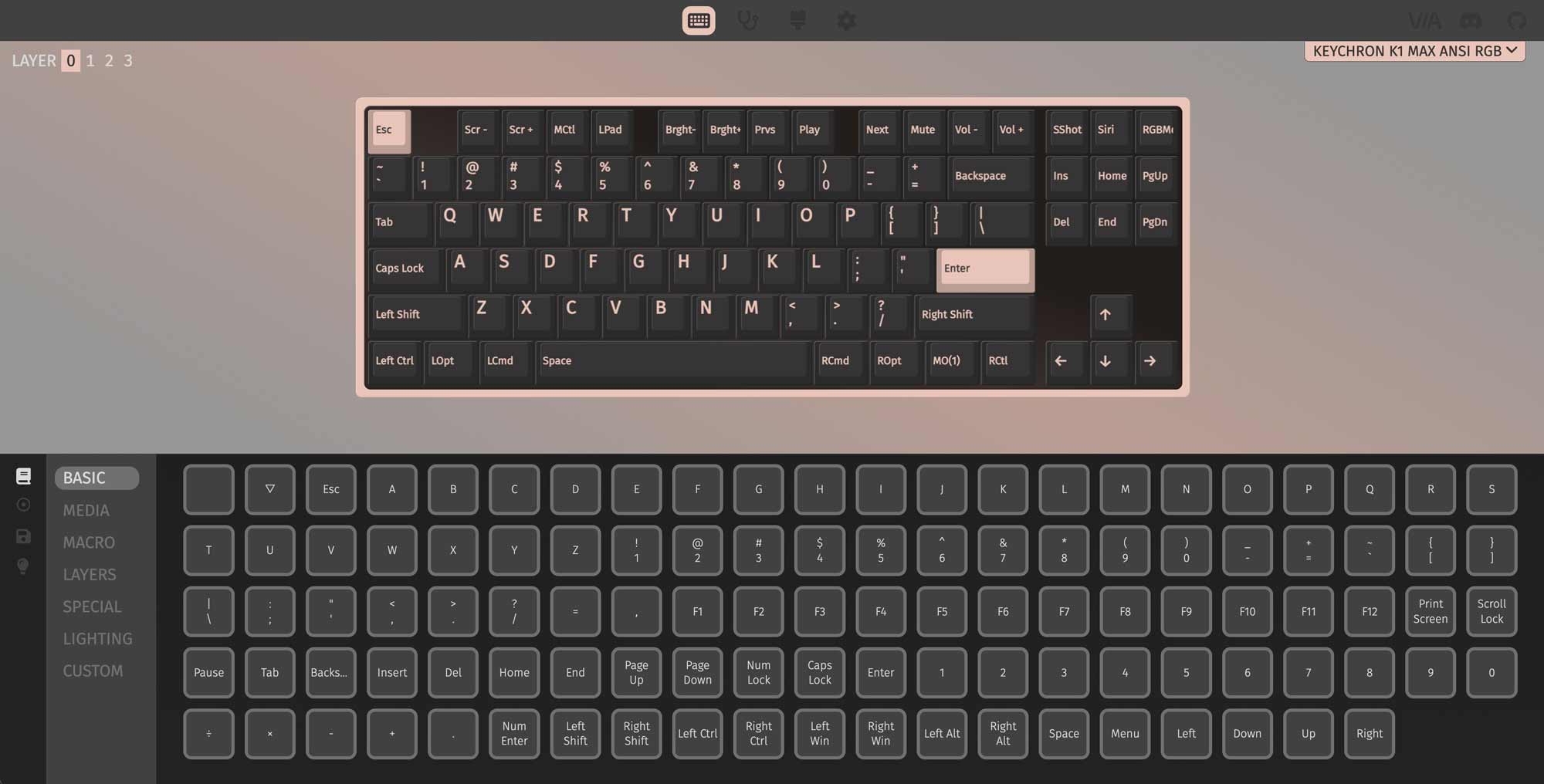 VIA Interface of the Keychron K1 Max Wireless Mechanical Keyboard